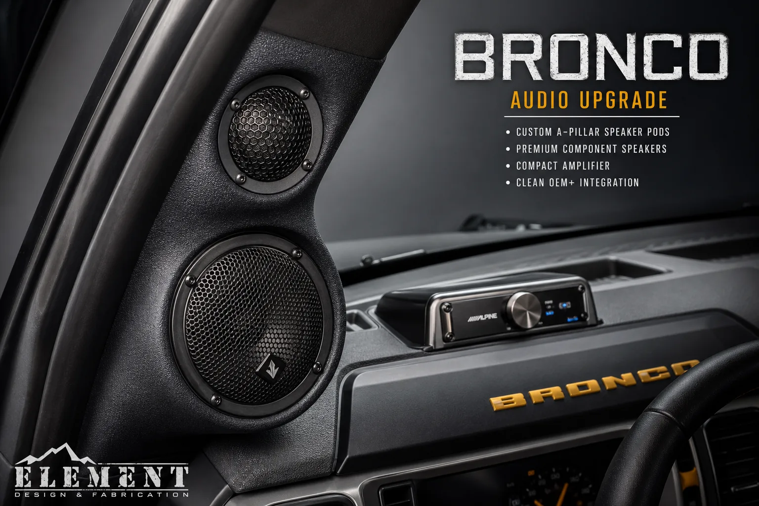 Speaker pods mounted in Ford Bronco interior